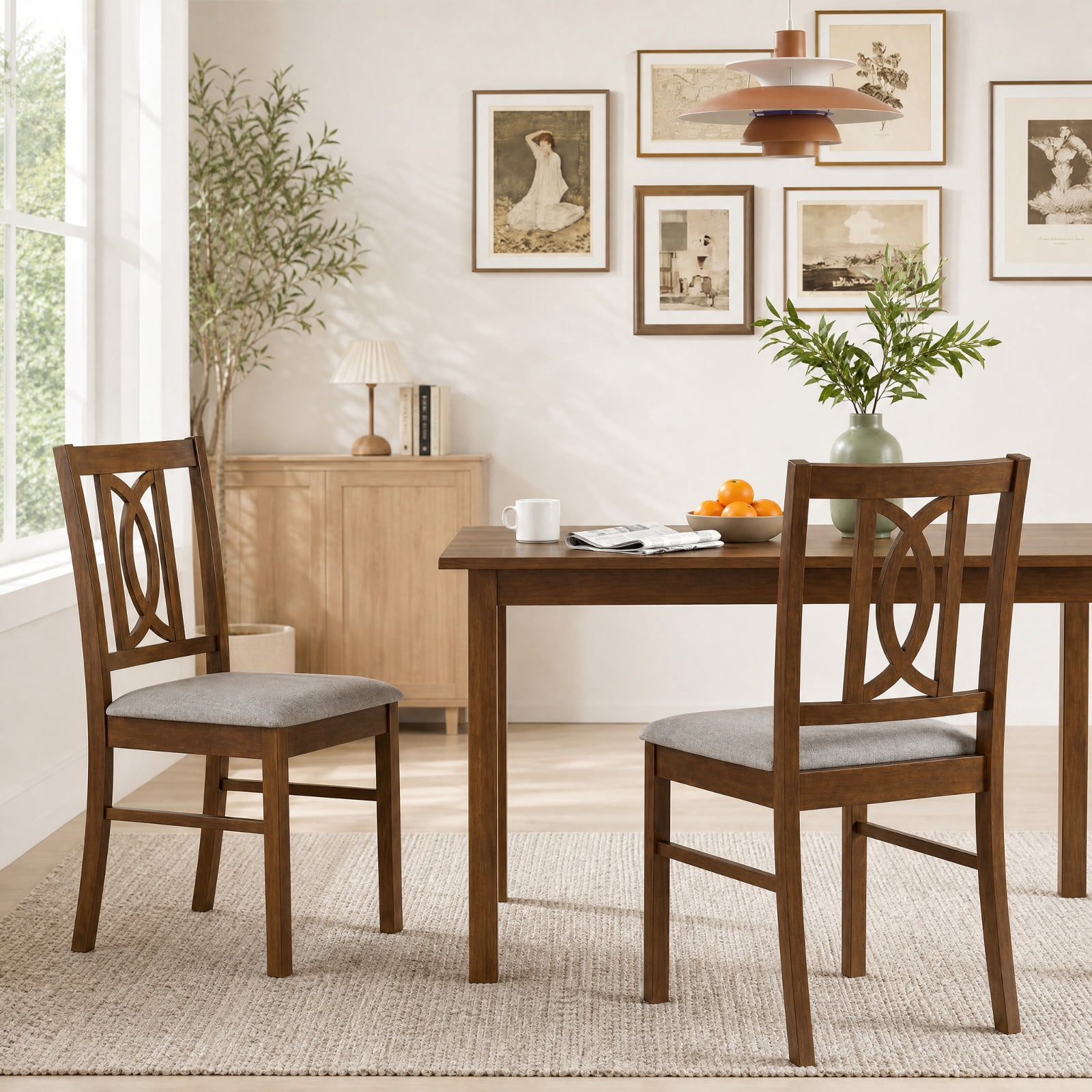 Furnibear Wooden Dining Chairs Set of 2 Rubber Wood Dining Room Chairs with Hollowed Backrest and Padded Faux Linen Seat, Walnut