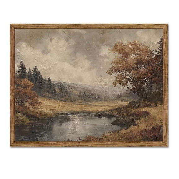Moody Cottage River Wall Art Print, Vintage Landscape Decor