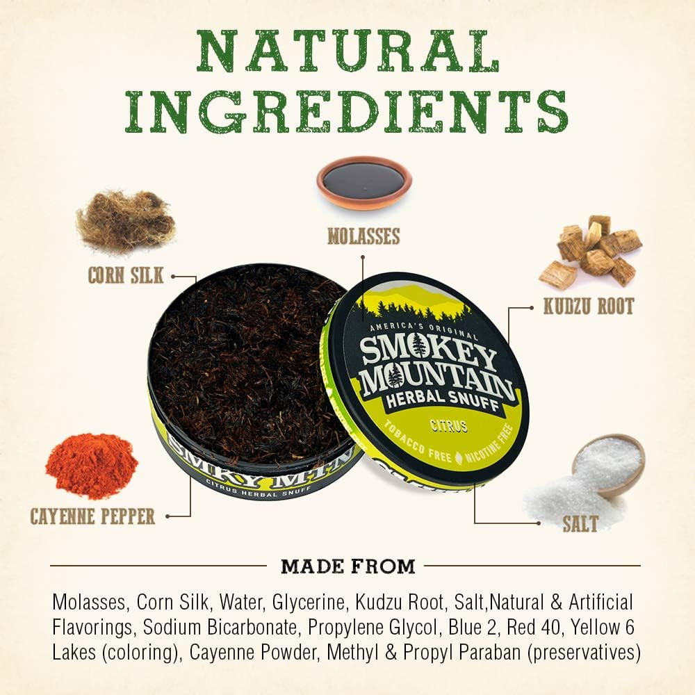 Smokey Mountain Herbal Long Cut – Citrus – 5 Can Box - Tobacco Free and  Nicotine Free Snuff
