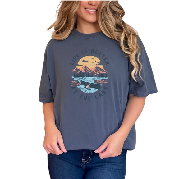 Life Is Better at the Lake, Sun, Boat, Mountains & Pine Trees Art, Denim Comfort Colors T-Shirt, Small