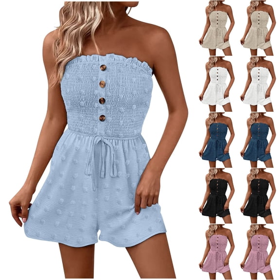 Antinious Women Solid Off Shoulder Sleeveless Soft Slim Short Jumpsuit with Button