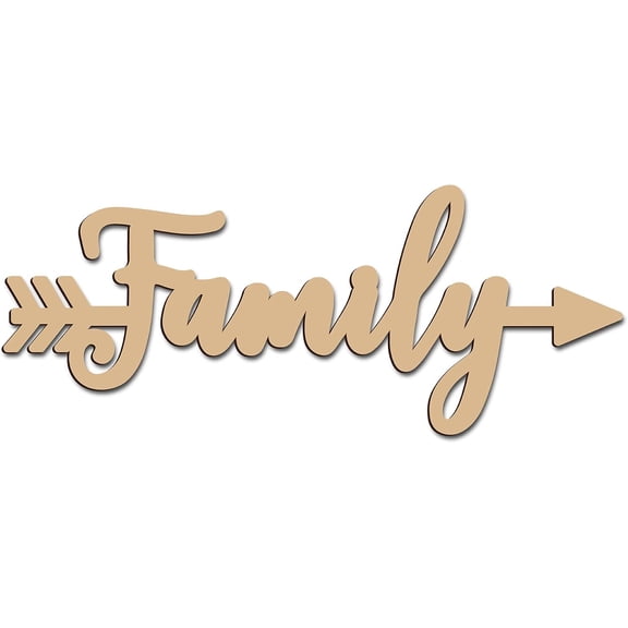 Family Cutout Sign Letter Wooden Arrow Wall Art Decor Wood Word Sculpture Signs Rustic Unfinished for Housewarming Home Farmhouse Front Door Entryway Wall Decoration Brown 11.8 x 4.7inch 1pc