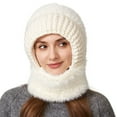 thumbnail image 6 of Women's 3-in-1 Ribbed Knit Hat with Integrated Scarf, Winter Face Mask Beanie, Thermal Ear Flap Trapper Cap, Cold Weather Balaclava Style, Unisex Outdoor Winter Gear - White, 6 of 7