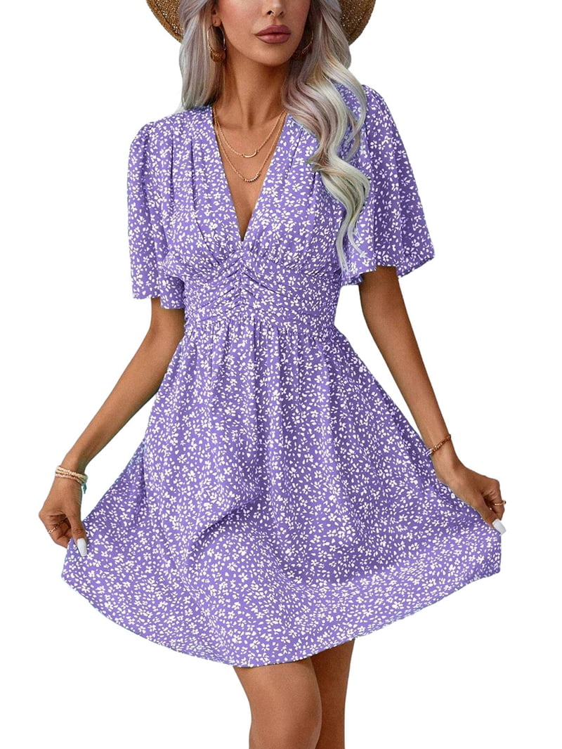 Women Summer Casual Floral Print Short Flutter Sleeve Mini Dress Casual Sundress V Neck Sun Dresses L