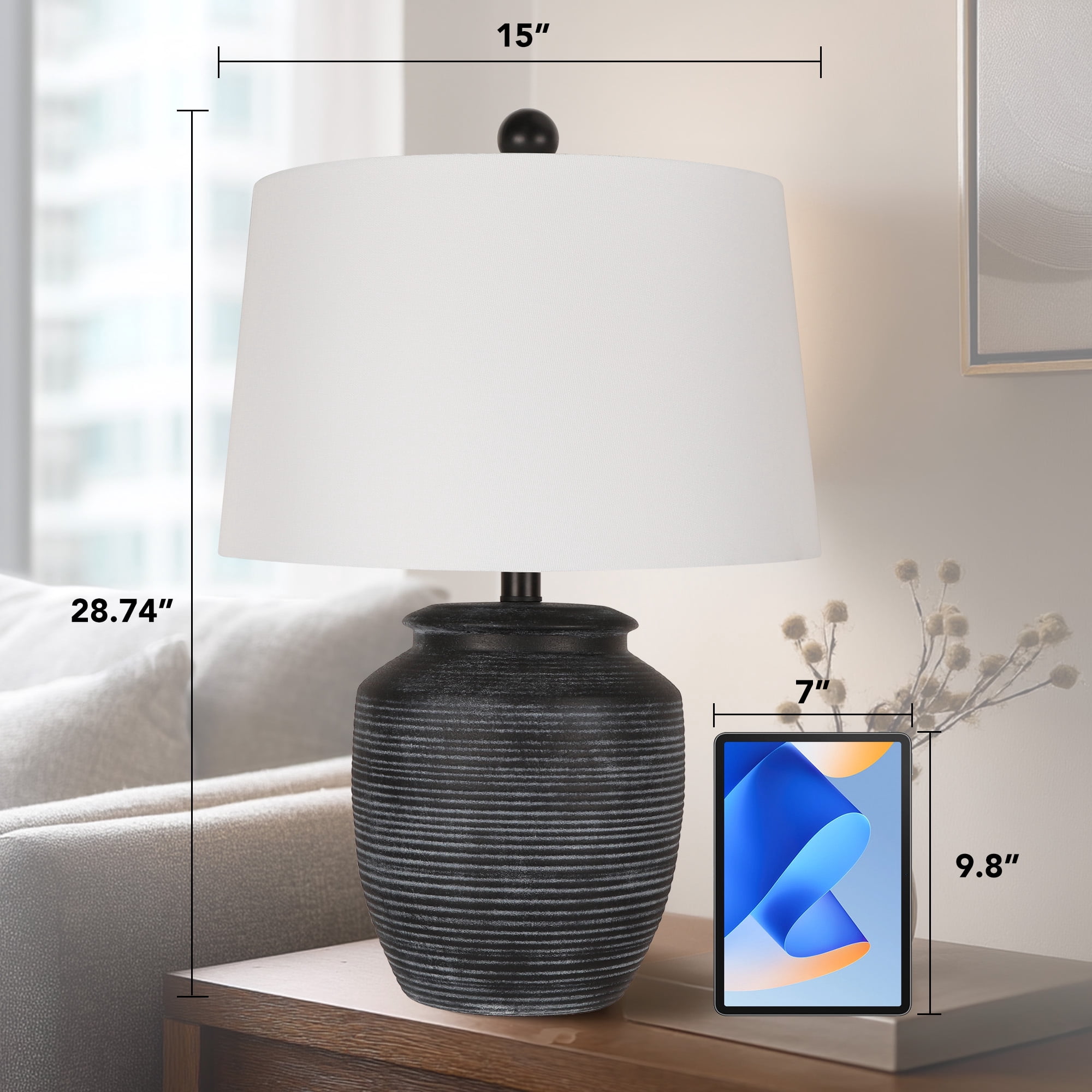 28in Rustic Ceramic Pot Table Lamp for Bedroom Living Room Dining Home Office Entryway, Black