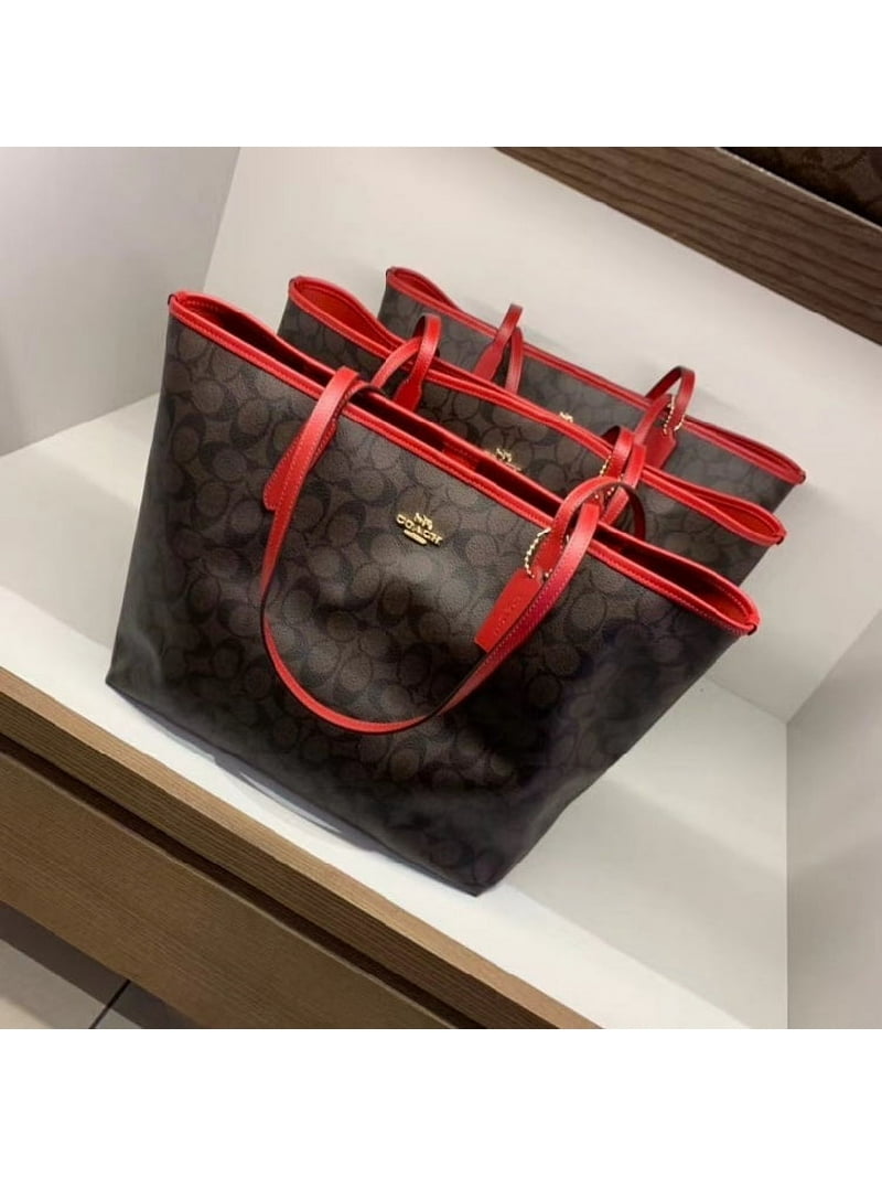 Coach Women's Signature Canvas City Tote, Leather Details, Zip