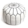 thumbnail image 1 of Embroidered Leather Pouf- White with Black Stitching, 1 of 6