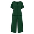 thumbnail image 4 of NMMUED Linen 2 Piece Set for Women Summer Women’s Cotton Linen 2 Piece Lounge Set Casual Breathable Short Sleeve Top Wide Leg Cropped Pants Relaxed Fit 2 Piece Lounge Set Dark Green S, 4 of 7