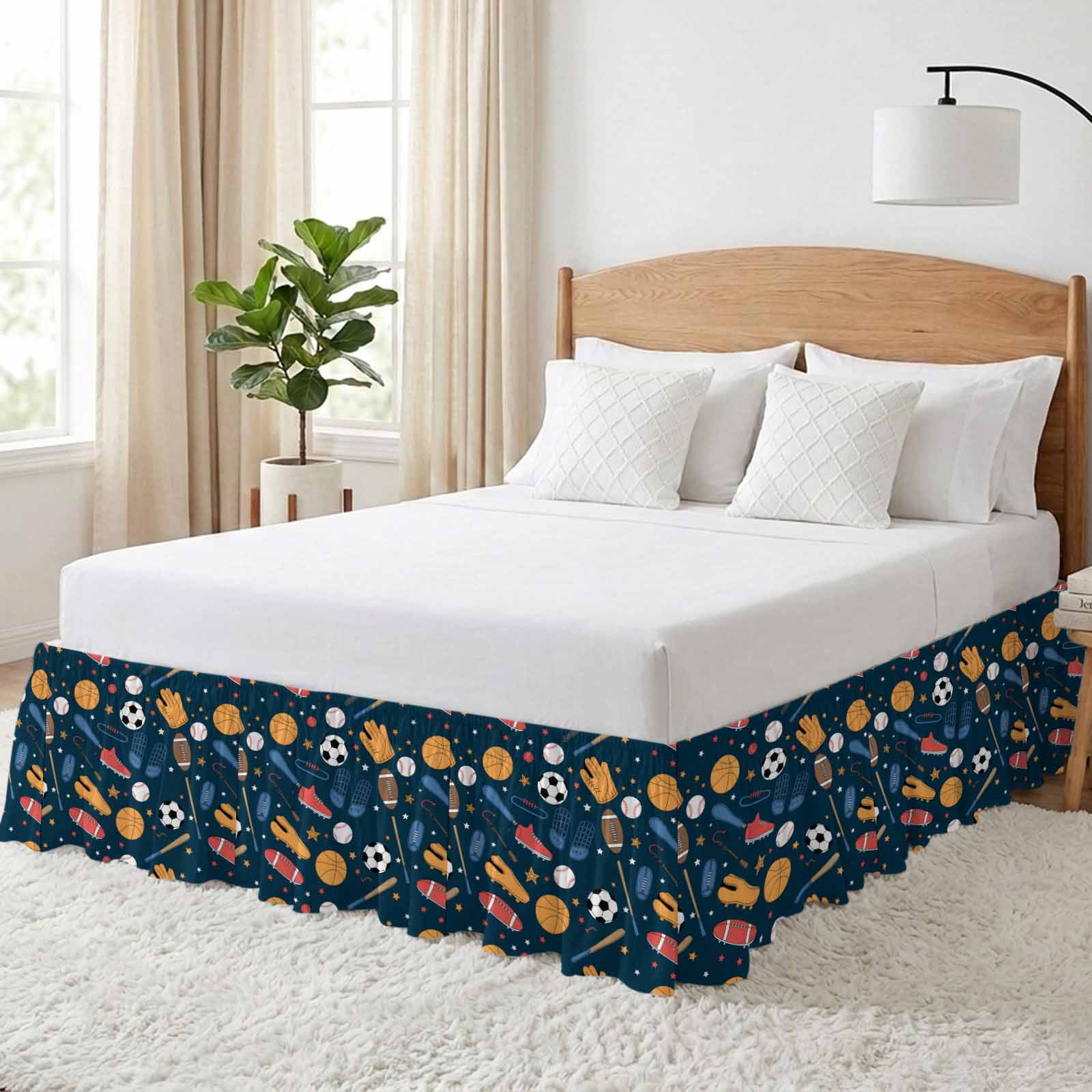 Sports Theme Bed Skirt Queen Size,Cartoon Soccer Baseball Basketball Star Blue Wrap Around Bed Skirting with Adjustable Elastic Strap,Dust Ruffle Pleated Bedskirts 16 Inch Drop for Bedroom Queen Beds