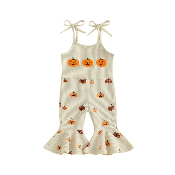 Miaouyo Toddler Baby Girls Halloween Flare Pants Overalls 0 6 12 18 24 Months 2T 3T 4T Pumpkin Print Sleeveless Tie-up Strap Bell Bottom Romper