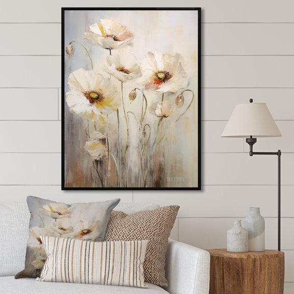 Designart "Minimalistic Grace In Poppy Blossoms I" Poppies Floater Framed Canvas Wall Art