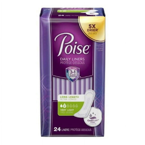 Poise Daily Liner, Light Absorbency, One Size Fits Most (8.5 Inch Length), 24 Count