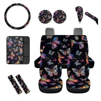 COEQINE Comfy Automotive Car Seat Covers Set Steering Wheel Cover Gear Shift Knob Cover Hand Brake Cover Seat and 2Pcs Seat Belt Pad Vehicle Console Armrest Cover Cup Coasters Aesthetic Butterfly