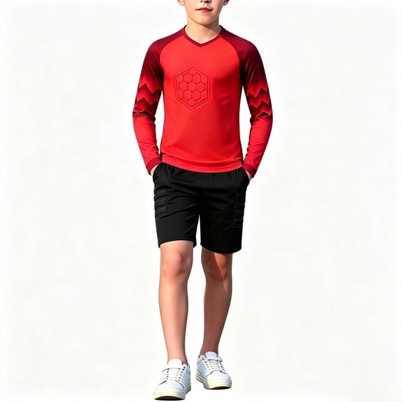 Kids Goalkeeper Uniform, Multicolor Long Sleeve Football Training Set, Soccer Goalie Jersey & Pants For Boys & Girls Red 11-12 Years