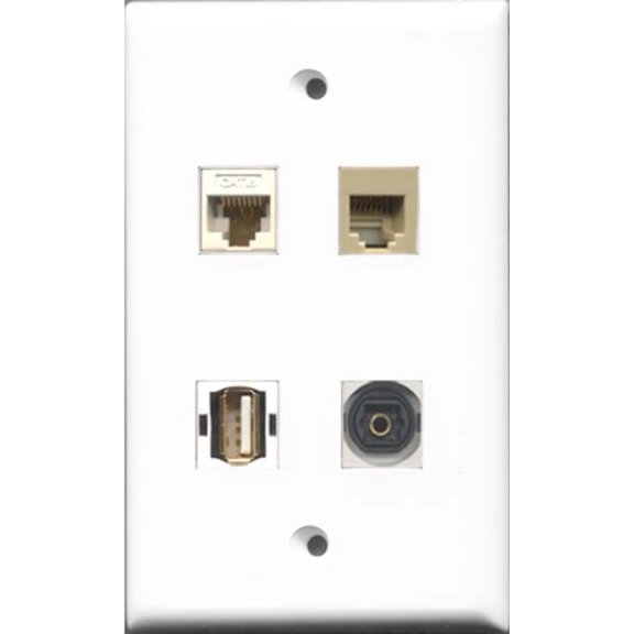 RiteAV 1 Port USB A-A and 1 Port Phone RJ11 RJ12 Beige and 1 Port Toslink and 1 Port Cat6 Ethernet White Wall Plate