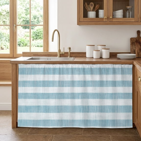Blue Striped Sink Skirt Curtain 32''x55'', Rustic Farmhouse Stripes Cabinet Door Curtain Pantry Utility Curtains, Bathroom Kitchen Laundry Privacy Drape Waterproof Dishwasher Curtains