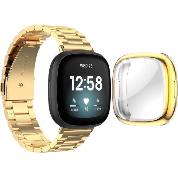 REQO Compatible avec Fitbit Versa 4 / Sense 2 Bracelets, Bracelet de Montre en Acier Inoxydable avec Boîtier TPU Conception Protectrice Respirante pour Hommes Femmes