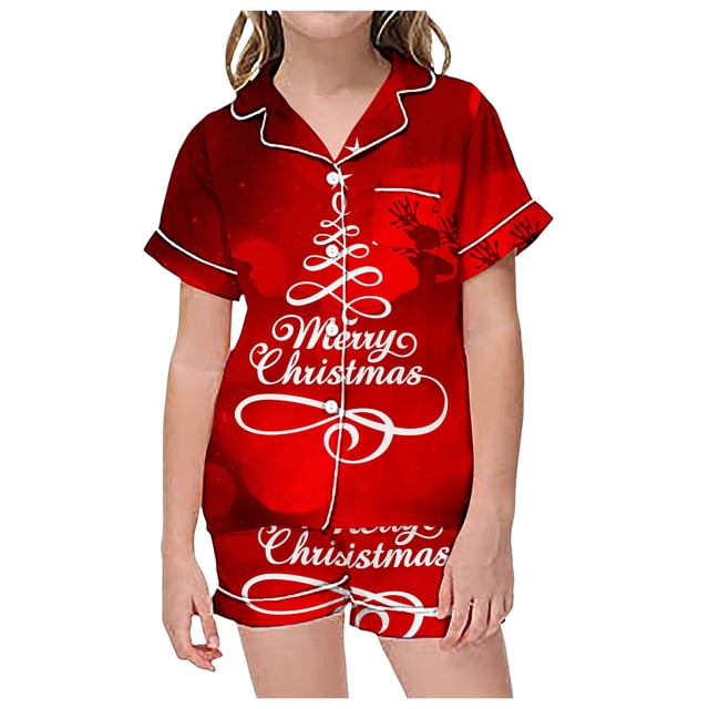 FAOWME Vêtements d'Intérieur d'Été pour Enfants Garçons Filles T-Shirt à Manches Courtes Imprimé Col Rond Pantalons Courts Pyjamas Ensembles Bébés Rouge 8-9 Ans