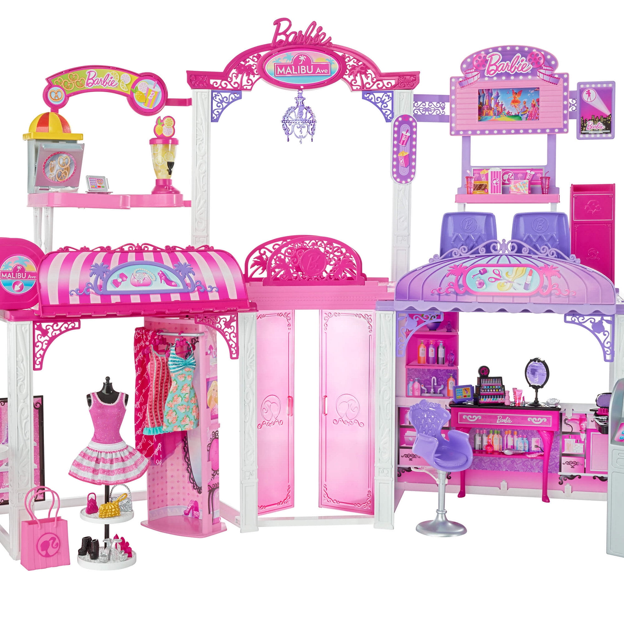 Barbie Malibu Ave 2-Story Mall with 2 Dolls (50+ Pieces, 2' Tall 
