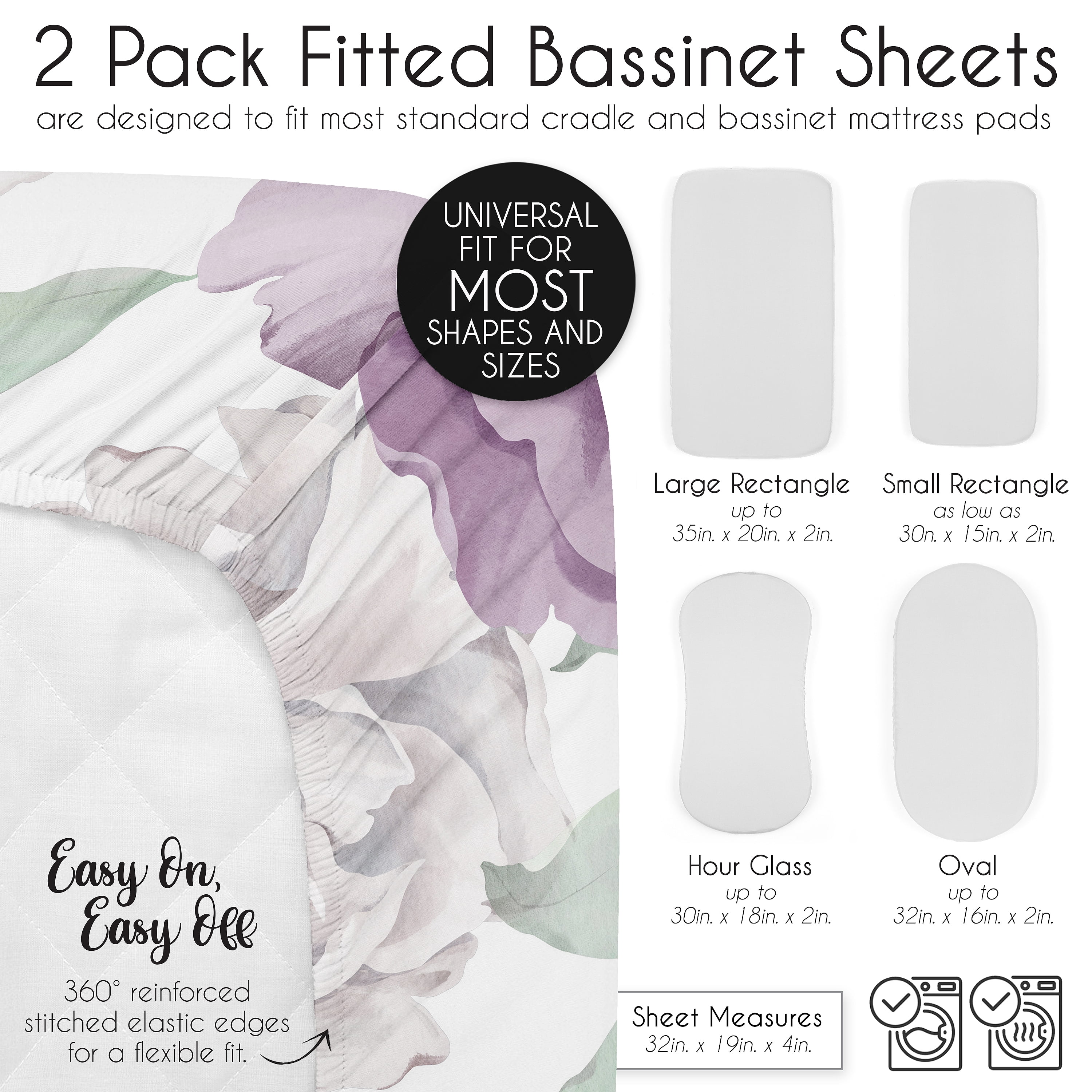 Sweet Jojo Designs Peony Floral Garden Purple Ivory and Green Baby Bassinet Fitted Sheets 2 Piece Set