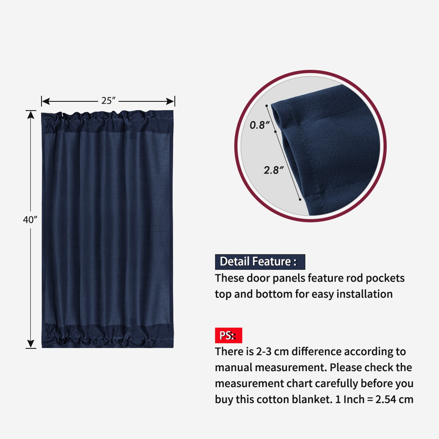Unique Bargains French Door Window Blackout Curtain Panel Navy Blue 25" x 40"