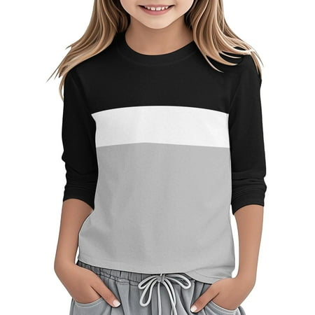 Tshirts for Girls Loose Soft Striped Color Block Long Sleeve Tee Shirts Kids Crewneck T-Shirts Fall Tops Girls Plain T Shirts 9-10 Years