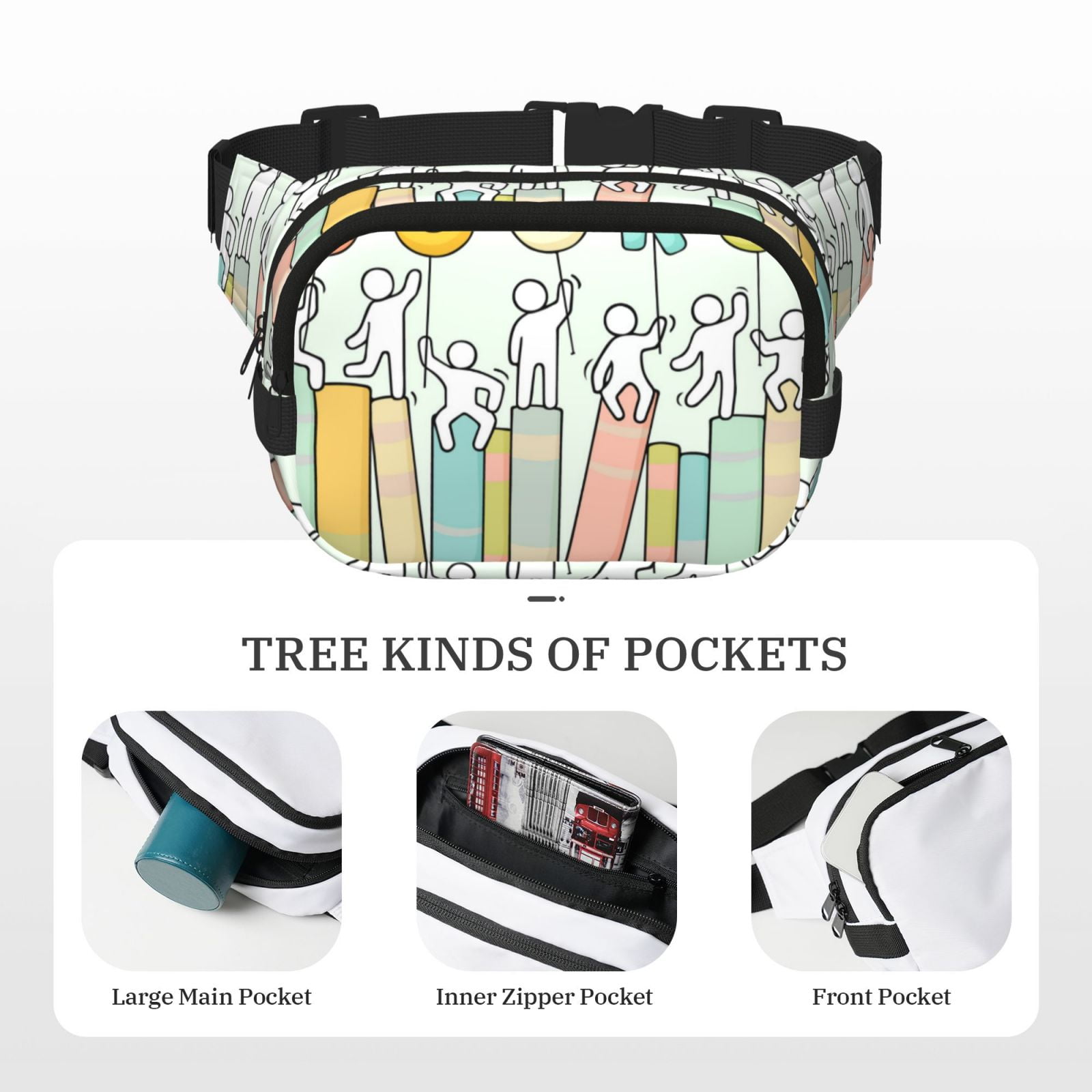 Picia Books Print Square Double-Layer Waist Bag Mini Adjustable Waist Belt Bag Exercise Running Travel Hiking