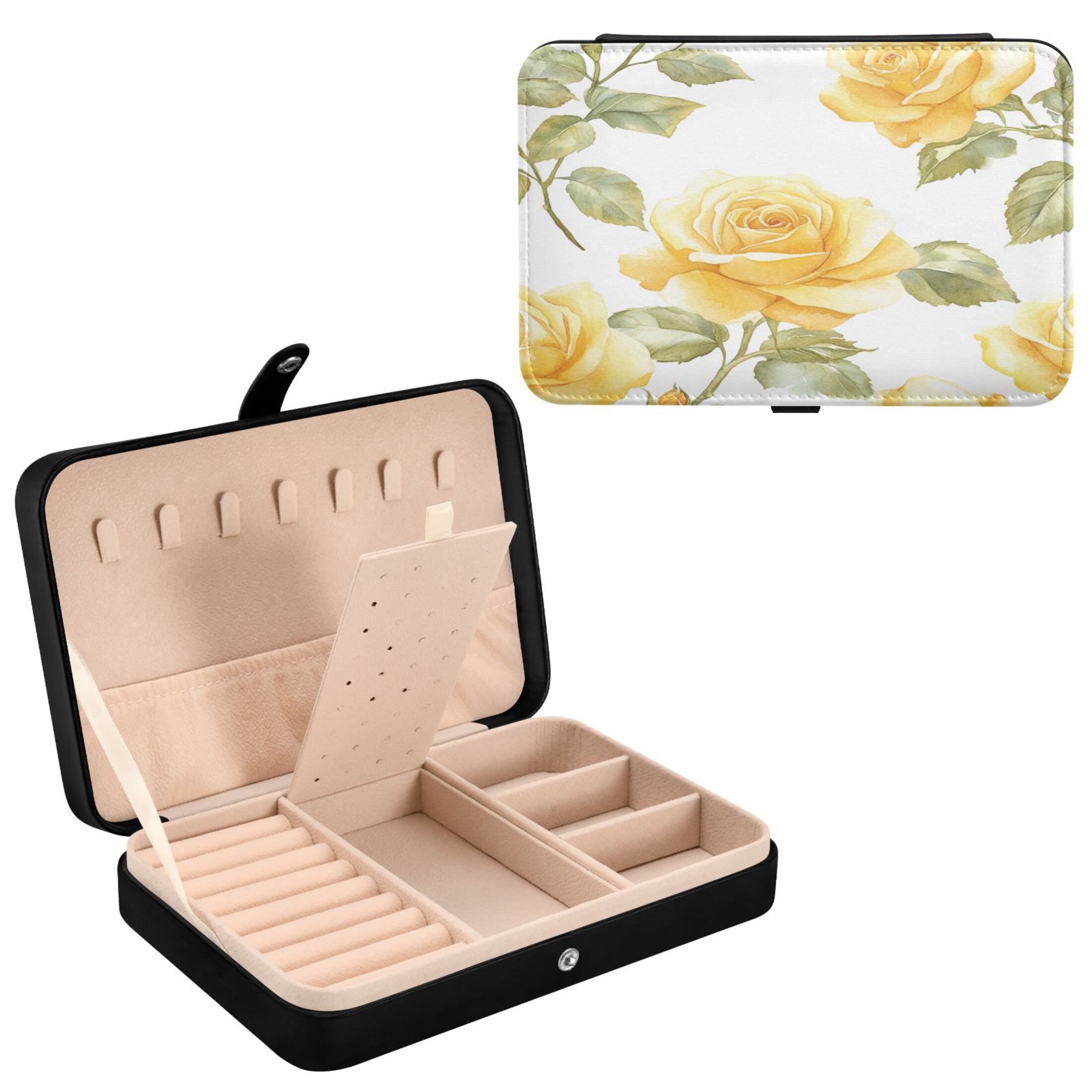 Leather Jewelry Box Rectangular 8.27x5.5x1.78In Travel Jewelry Storage Earrings Necklace Bracelet Watch Brooch Storage Gold Roses
