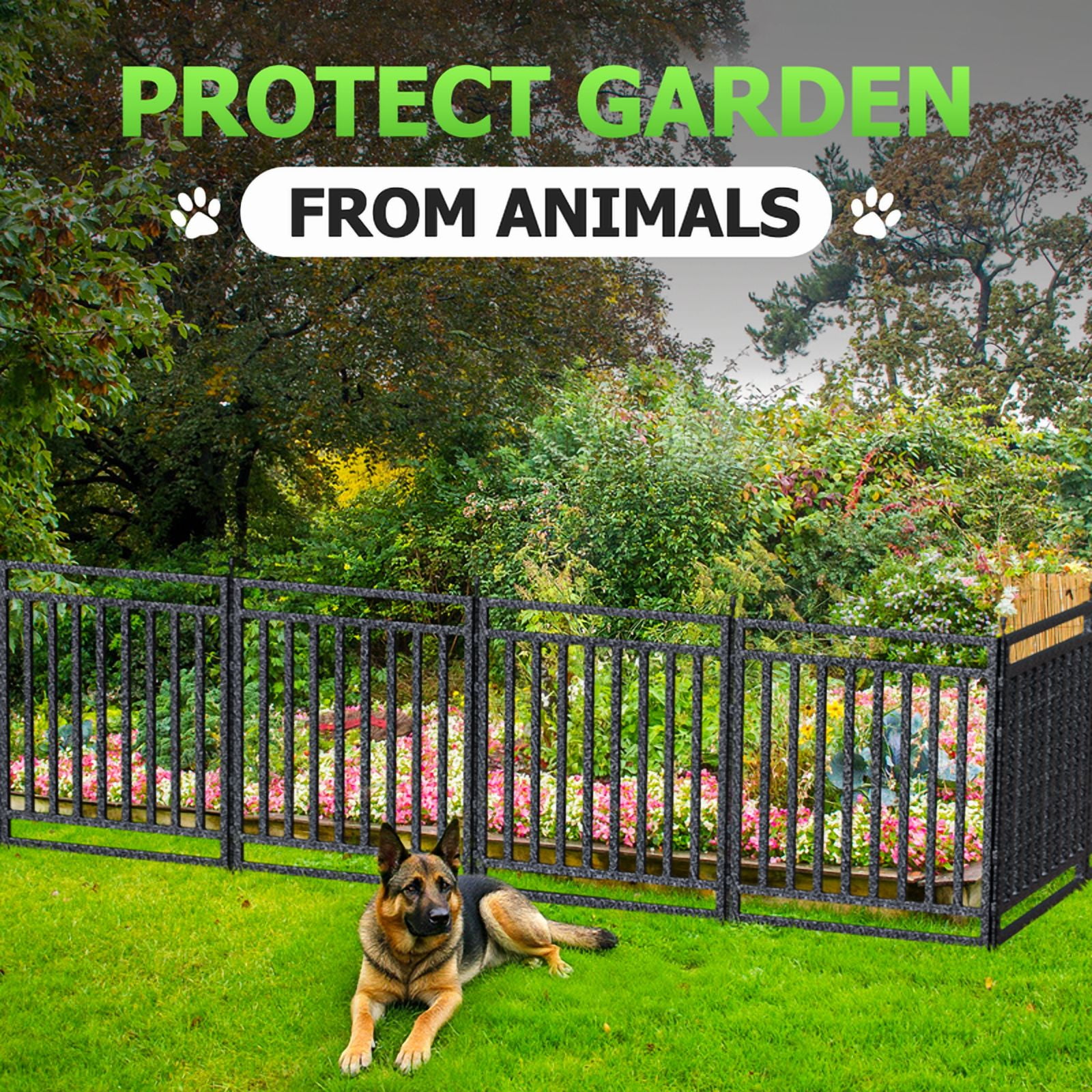 Petorldog Decorative Garden Fence, 55ft x 40" Height, 21 Panels + 3 Gates, No Dig Fence, ideal for Pets, Privacy & Decoration, Black Silver