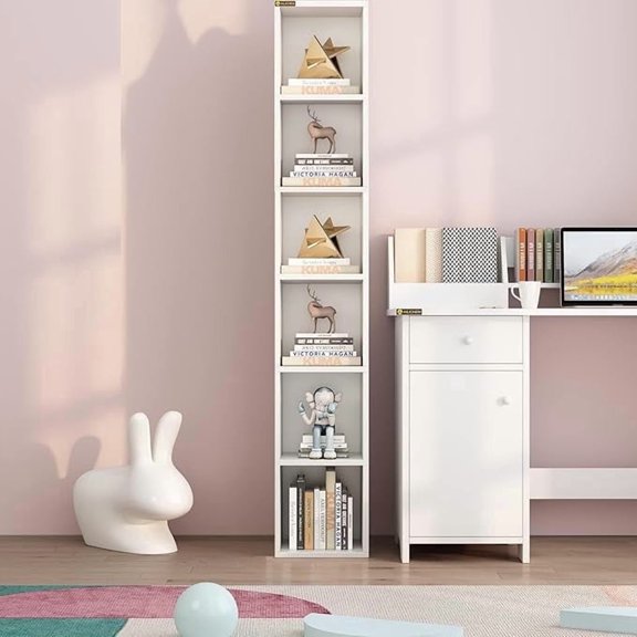 NEWSENDY 68.5 Inches Small Tall Narrow Corner Bookshelf, 6 Shelf Cubby Storage Organizer, Freestanding Storage Cabinet for Bedroom Library Living Room Home Office, White