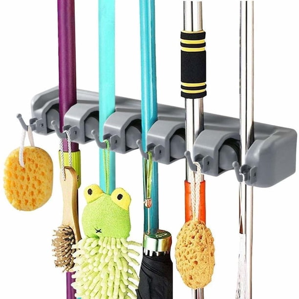 Soporte para escobas, soporte para dispositivos, barra de pedido, soporte de pared, barra de pedido, soporte de pared para fregona, escoba y herramientas de jardinería (4 ganchos y 4 abrazaderas de liberación rápida, negro)