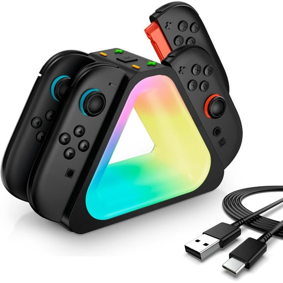 Charging Dock for Nintendo Switch 2 Joycon Controller, 7 Adjustable RGB Lighting Magnetic Design, 4 in 1 Fast Charger Station for Switch 2 Joycon with LED Indication & Type-C Charger Cable