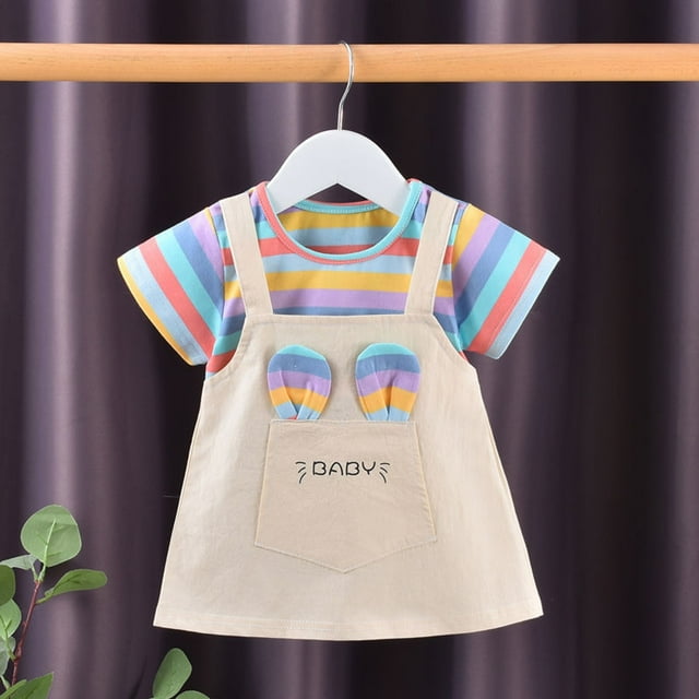 XIMIN Nouvelle Robe d'Été à Imprimé Rayé Arc-en-Ciel à Manches Courtes, Col Rond, Mignonne, Dessin Animé, Mode, Robe pour Fillette, Petite Robe de Fête et de Concours pour Bébé Fille (4-5 Ans, Jaune)