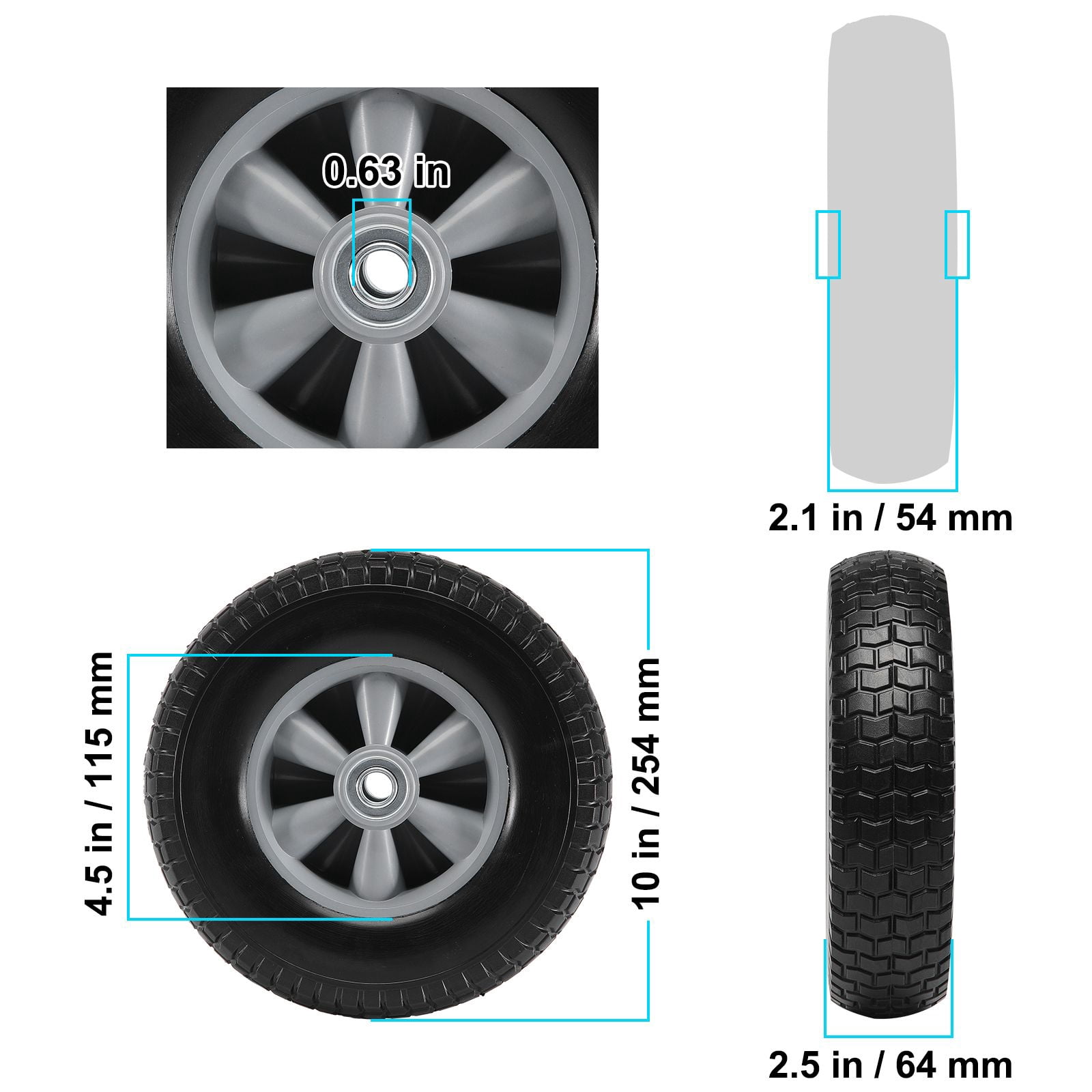 Solid PU Run-Flat Tire Wheel, 10", 2-Pack, 180 lbs Dynamic Load, 220 lbs Static Load, Flat Free Tubeless Tires and Wheels for Hand Truck, Utility Cart, Dollies, Garden Trailers, Various Carts