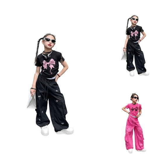 Cargo Pants for Girls Casual Wide Leg Trousers for Kids with Bow Embroidery Breathable Summer Comfort High Waisted Loose Fit Everyday School Play