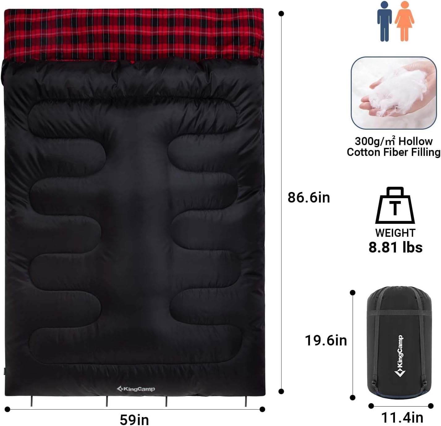 KingCamp Cotton Flannel Queen Size 2 Person Double Sleeping Bags with Pillows for Adult Lightweight Compact Backpacking Camping 20°F for Couples & Family Black