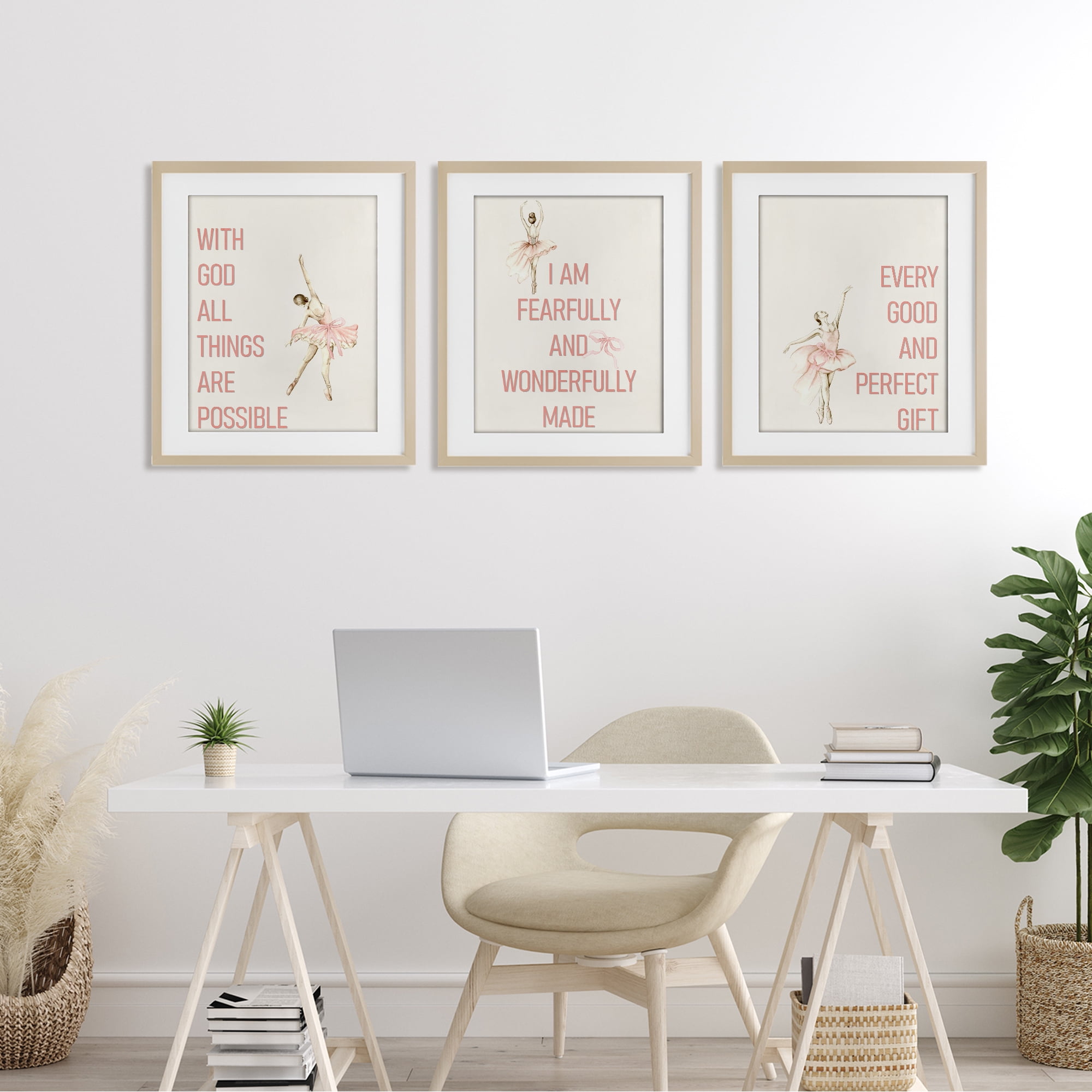 Faith Sentiments with Ballerinas 3 Piece Birch Framed Print Under Glass Set, design by Kim Allen