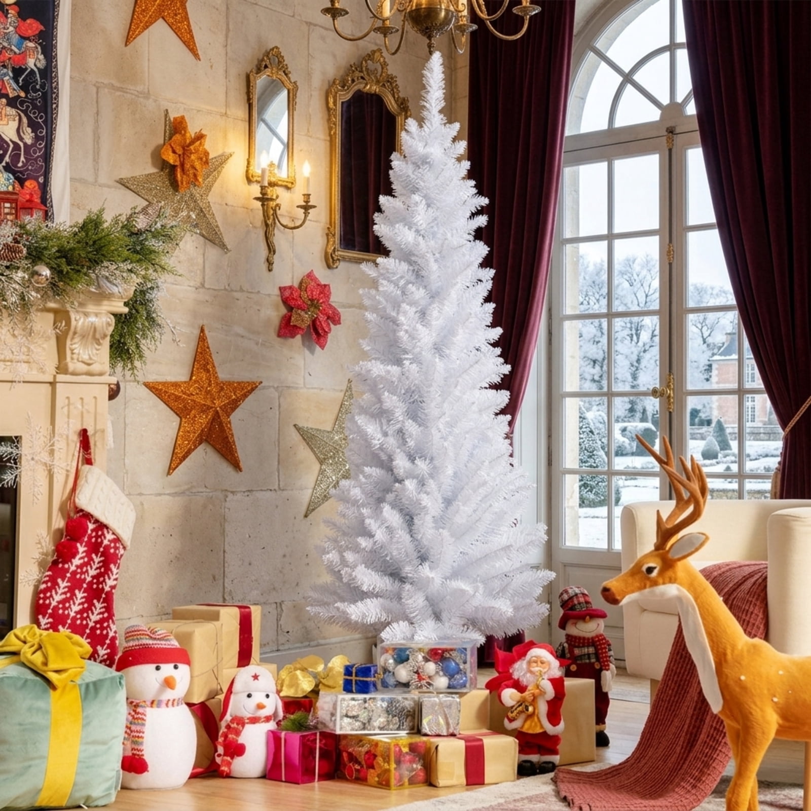 RUIE, 5 ft, Artificial Christmas Tree, with Metal Stand, 240 Branch Tips, White Holiday Xmas Tree for Indoor Home Office Decoration