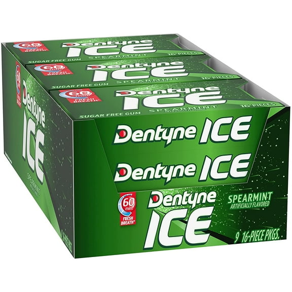 Dentyne Ice Spearmint Sugar Free Gum, 9 Count Box, 16 Pieces Per Pack