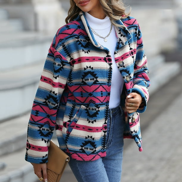 Fleece Short Coat Round Neck Geometric Patterns Long Sleeve