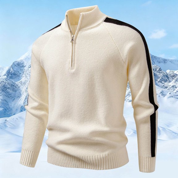 FAOWME Men Knitted Sweater Long Sleeve Stand Collar Solid Color Half Zipper Warm Comfortable Pullover Top For Autumn Winter Daily Wear Beige L