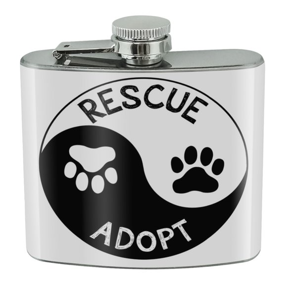 Rescue Adopt Yin Yang Paw Prints Dogs Cats Stainless Steel 5oz Hip Drink Kidney Flask