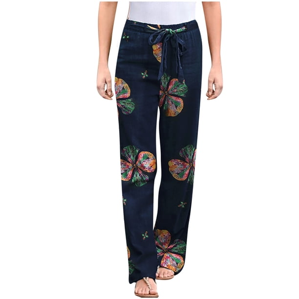 Pantalones largos de mujer Pantalones casuales sólidos Pantalones de pierna ancha de cáñamo de algodón cómodos Pantalones largos de cintura elástica Odeerbi ODB-2