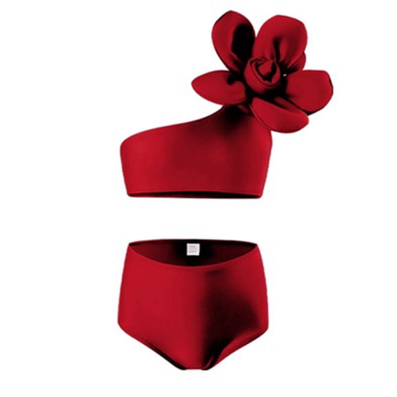 Womens Two Piece High Waisted Swimsuit Summer Beach Swim Bathing Suit Solid Color One Shoulder Fashion Bikinis Sets (Wine XL)