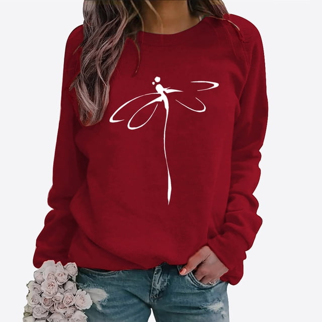 EQWLJWE Chandails d'Automne pour Femmes Chandails Décontractés à Manches Longues Col Rond Imprimé Libellule Poitrine Chandails Amples Hauts Chandails d'Halloween pour Femmes
