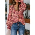 thumbnail image 3 of EVALESS Blouses for Women Trendy Boho Floral Long Sleeve V Neck Tunic Tops Loose Drawstring Button Down Shirts Pink S, 3 of 4