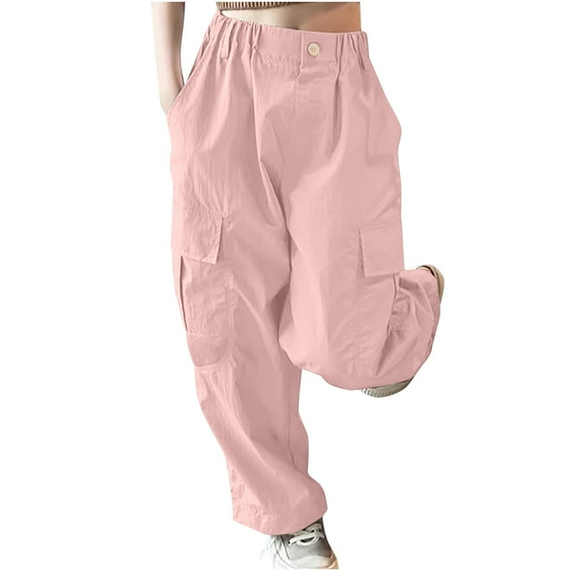 aidice Cargo Pants for Teen Girls Wide Leg Loose Casual Solid Color Button Elastic High Waist Pant with Pockets