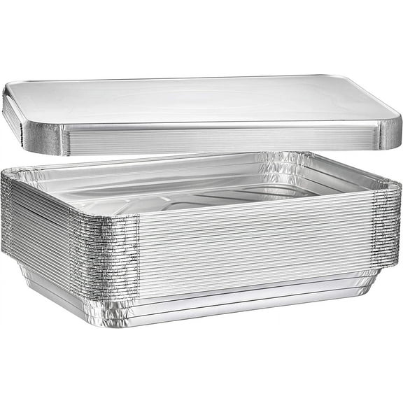 VeZee Durable Full Size Deep Aluminum Foil Pans with Lids - Ideal for Large Group Cooking - No-Mess Cleanup - Counts 10