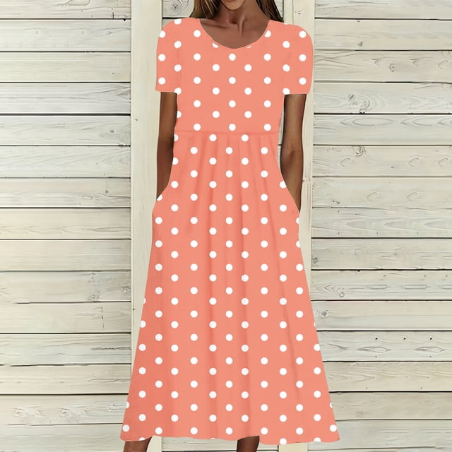 TaTaai Short Sleeve V-Neck Polka Dot Dress Women's Stretchy Solid Color Maxi Casual Loose Fit Summer Dress Elastic Waist Gift
