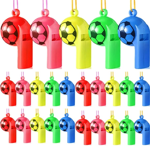 25 Pcs Plastic Whistles with Lanyard Soccer Pattern Training Sports Whistle Kids Whistle for Referee School Camping Soccer Party Favors, World Cup Soccer Party Favors Supplies